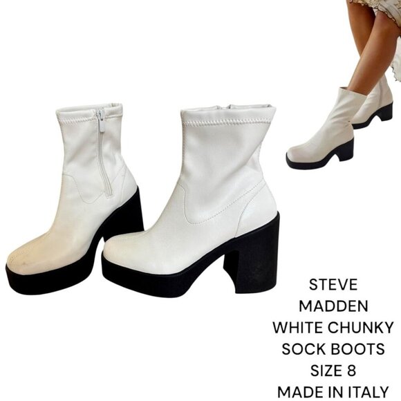 STEVE MADDEN MADE IN ITALY CHUNKY WHITE PLATFORM SOCK ZIP UP BOOTS SIZE 8 - Picture 1 of 7